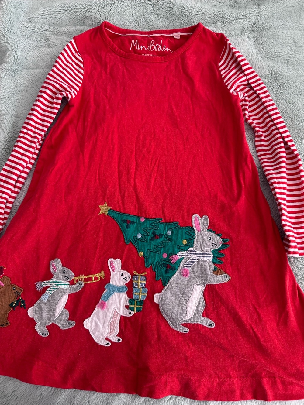 Mini Boden Red Dress with Striped Sleeves & Festive Bunny Appliqués